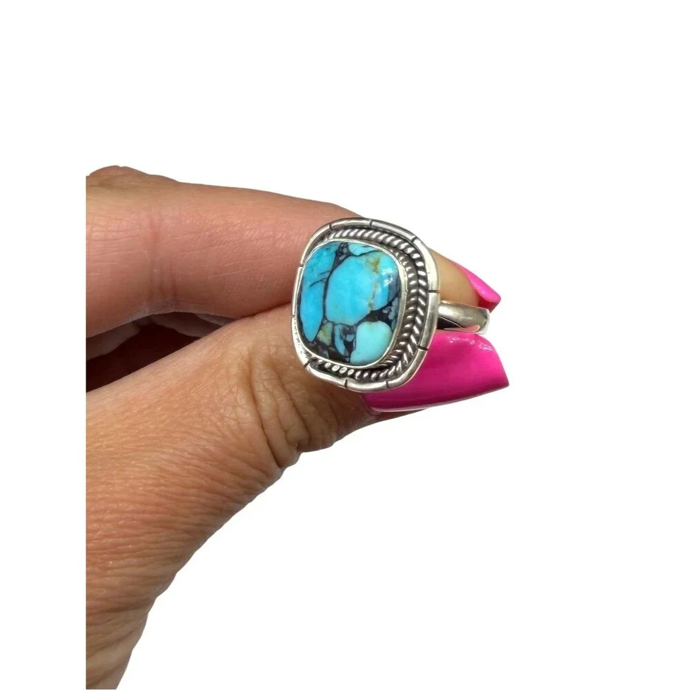 Tibetan Turquoise Ring Size 7 Solid 925 Sterling Silver Square
